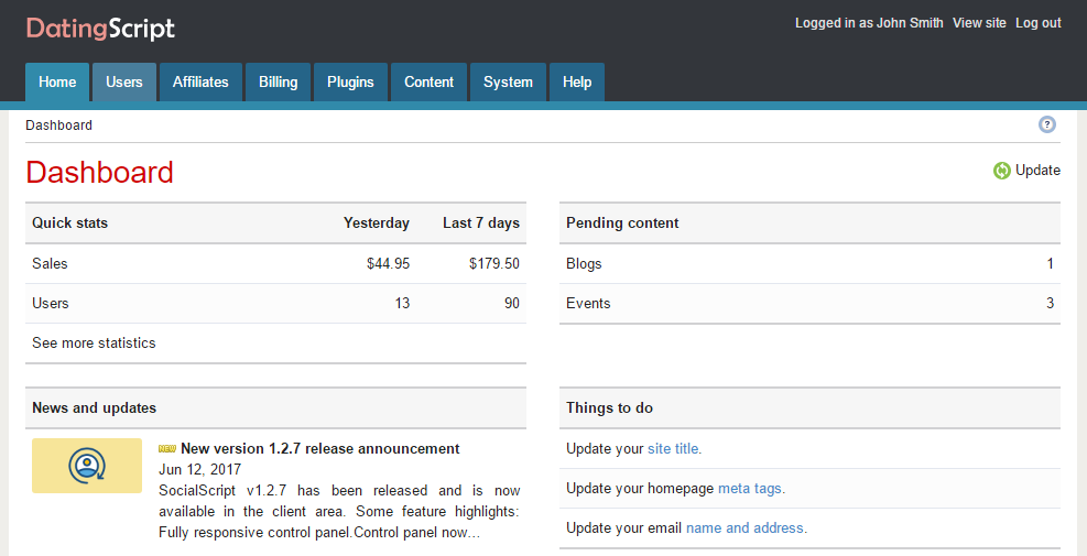 Fully responsive control panel in DatingScript